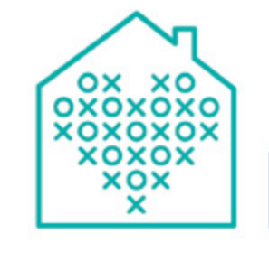Logo for Casa/Family Day, a simple outline of a house with a heart made of x and o letters. 