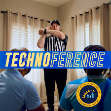 Referee whistling at father and son with word "Technoference" across image. 
