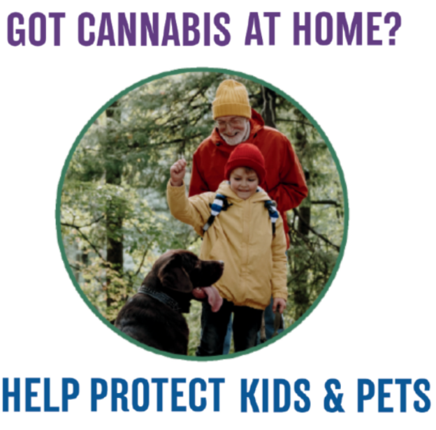 Text that says "Got cannabis at home? Help protect kids & pets" plus a photo of a n older adult, possibly a grandparent with a child and a dog on a hike in the woods.